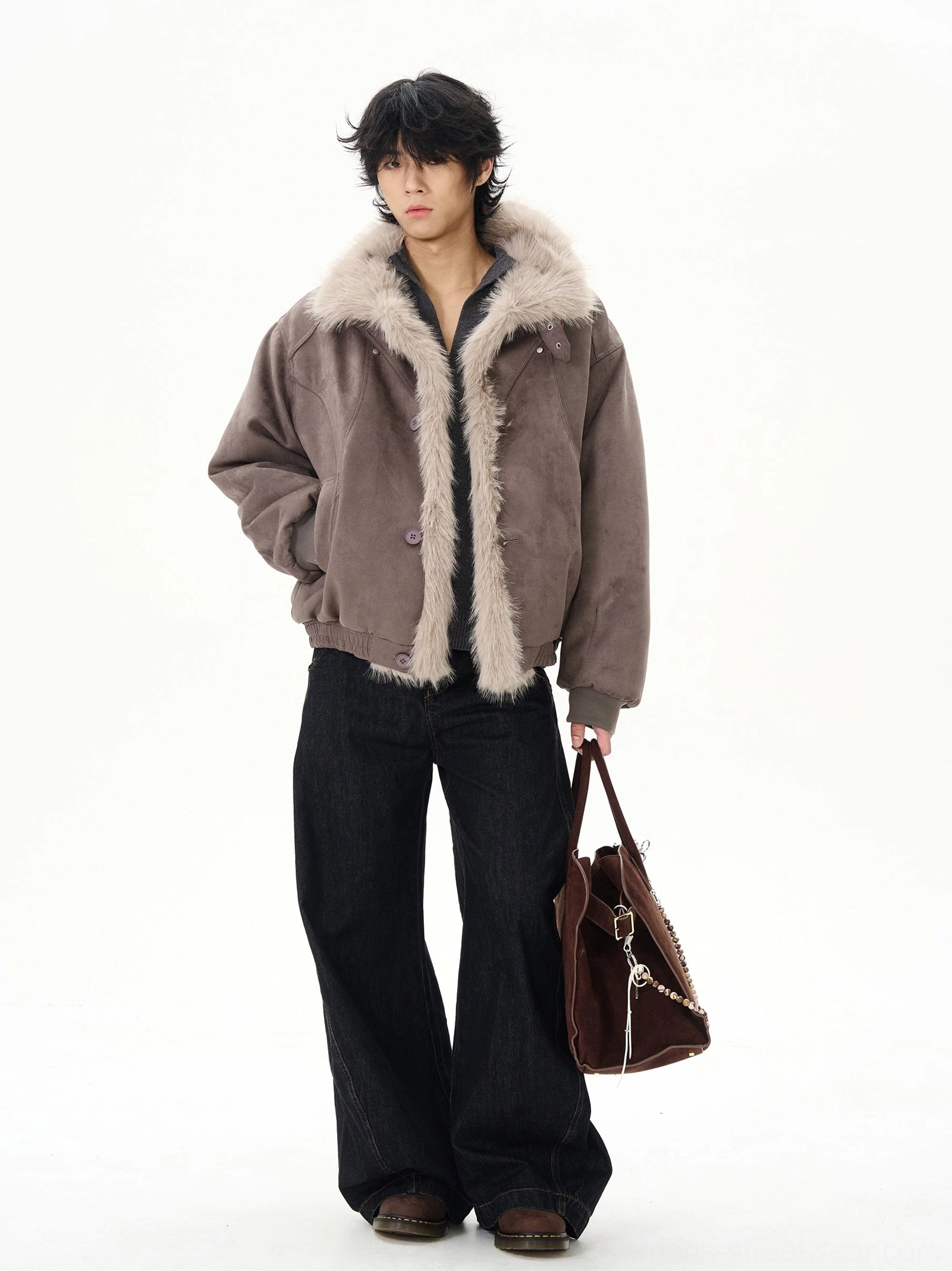 Grey faux shearling aviator bomber jacket side rear streetwear outfit with wide-leg black denim trousers