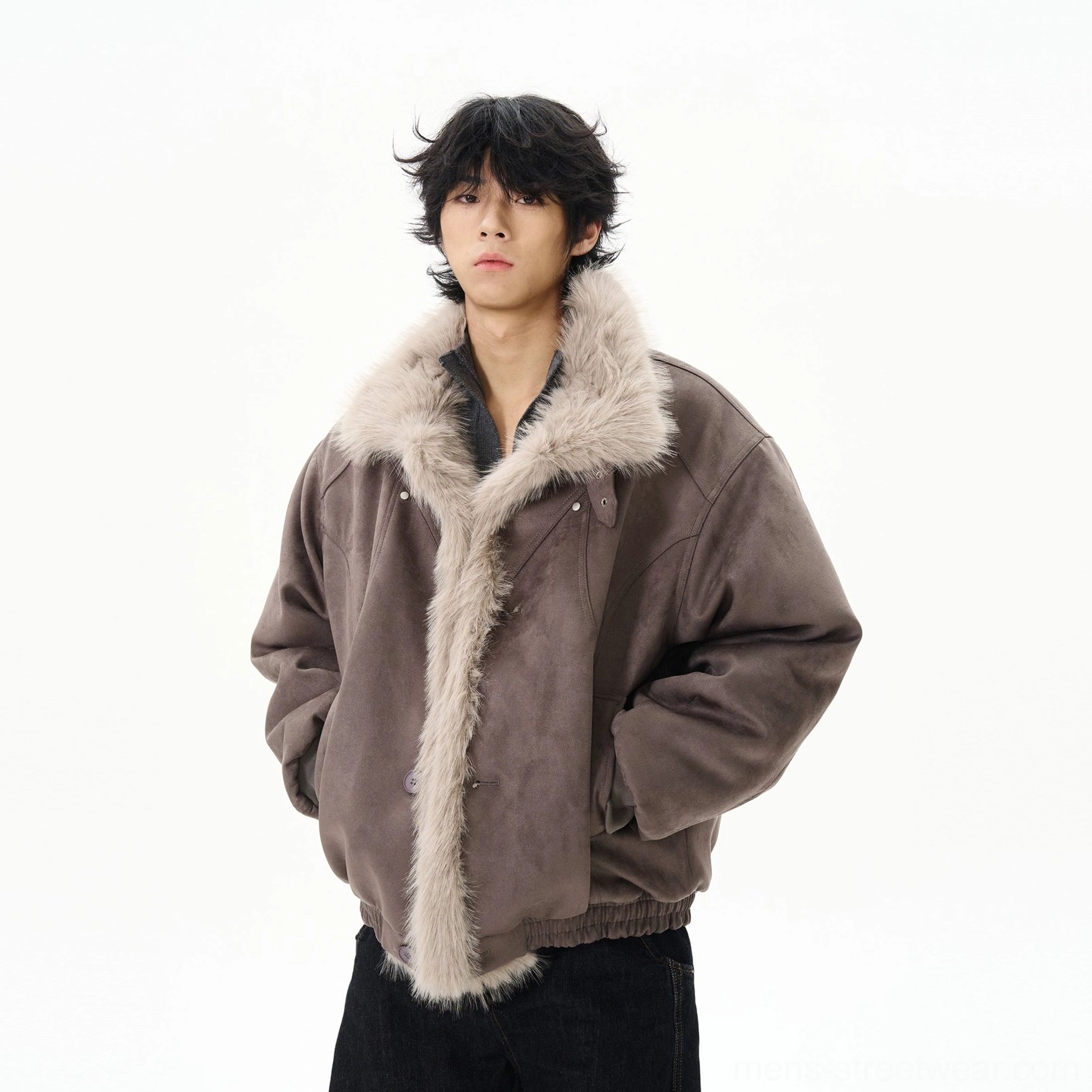 Grey oversized faux shearling aviator bomber jacket product view with soft suede-look texture and fur trim