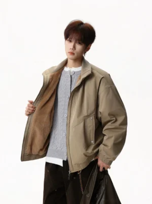 Khaki oversized fleece-lined stand collar streetwear jacket side view showing warm brown fleece interior