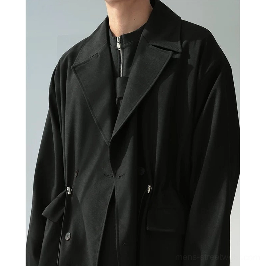 Oversized half-zip cotton tee layered under a black blazer for minimalist Korean streetwear styling