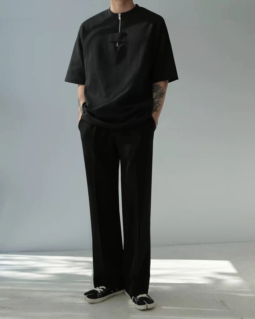 Minimal oversized half-zip cotton tee with short metal zipper for Seoul-inspired casual streetwear