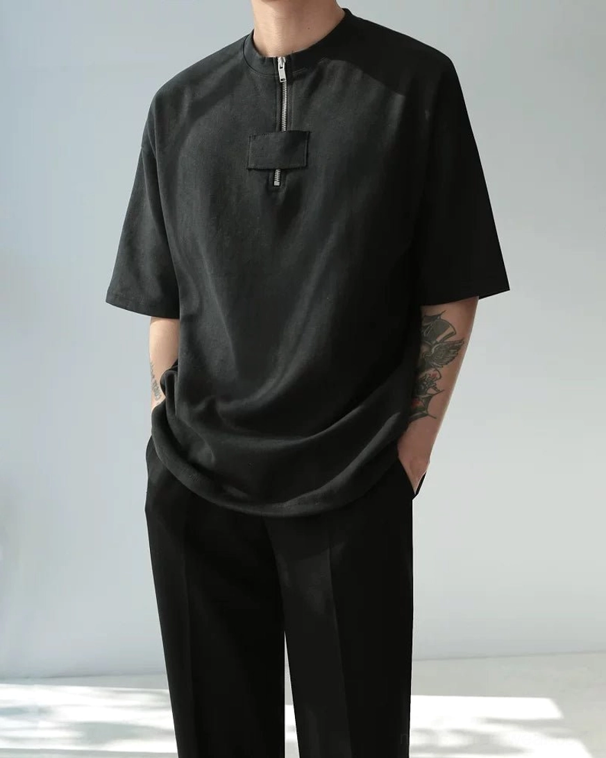 Oversized half-zip cotton tee relaxed short sleeve silhouette and metal zipper detail product view