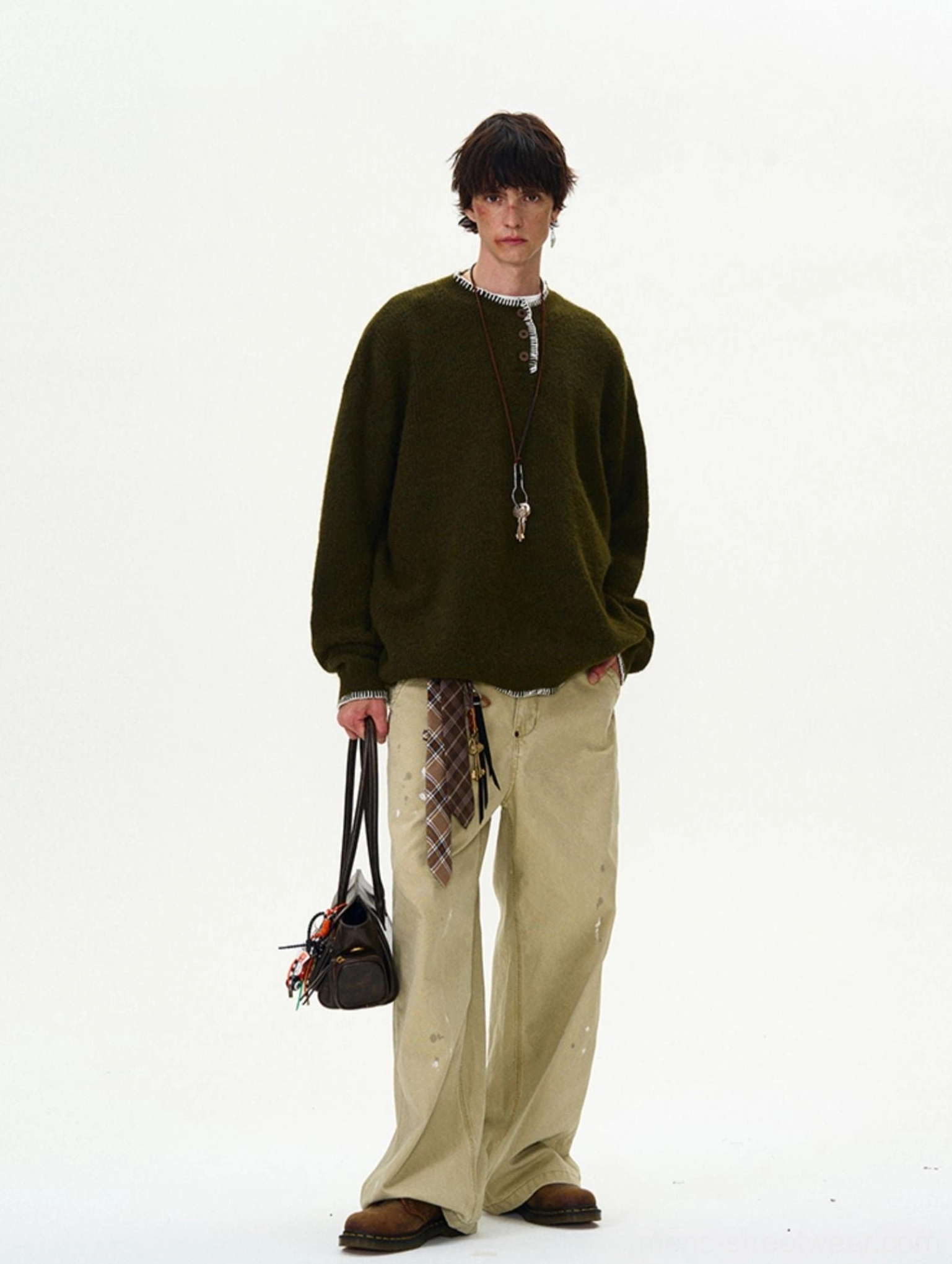 Relaxed oversized Henley knit sweater with contrast edge stitching for Acubi style, Seoul fashion, and contemporary streetwear outfits
