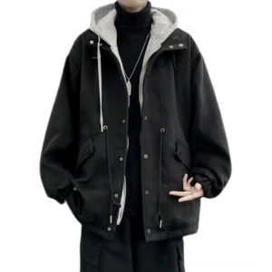 Black oversized hooded wool-feel utility jacket front view with contrast gray hood and drawstring waist