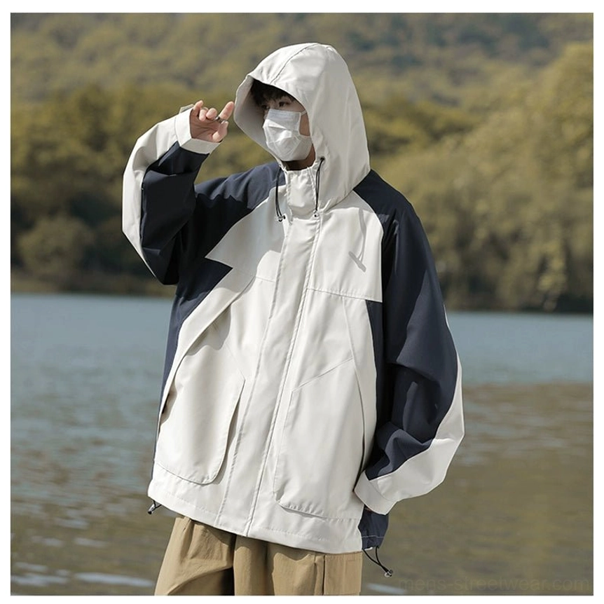 Oversized Korean-inspired colorblock jacket designed for casual outdoor layering and everyday streetwear