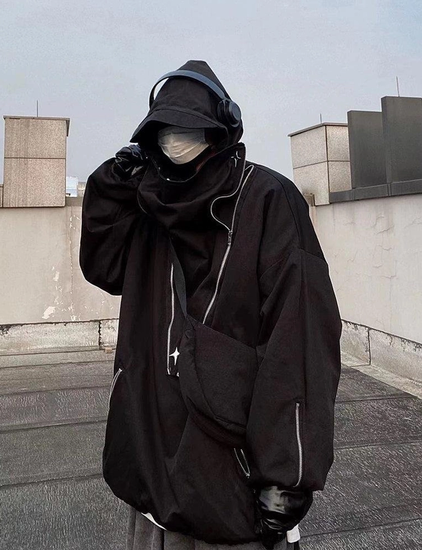Oversized Korean streetwear outerwear jacket with practical zipper storage, attached hood, and futuristic utility aesthetic