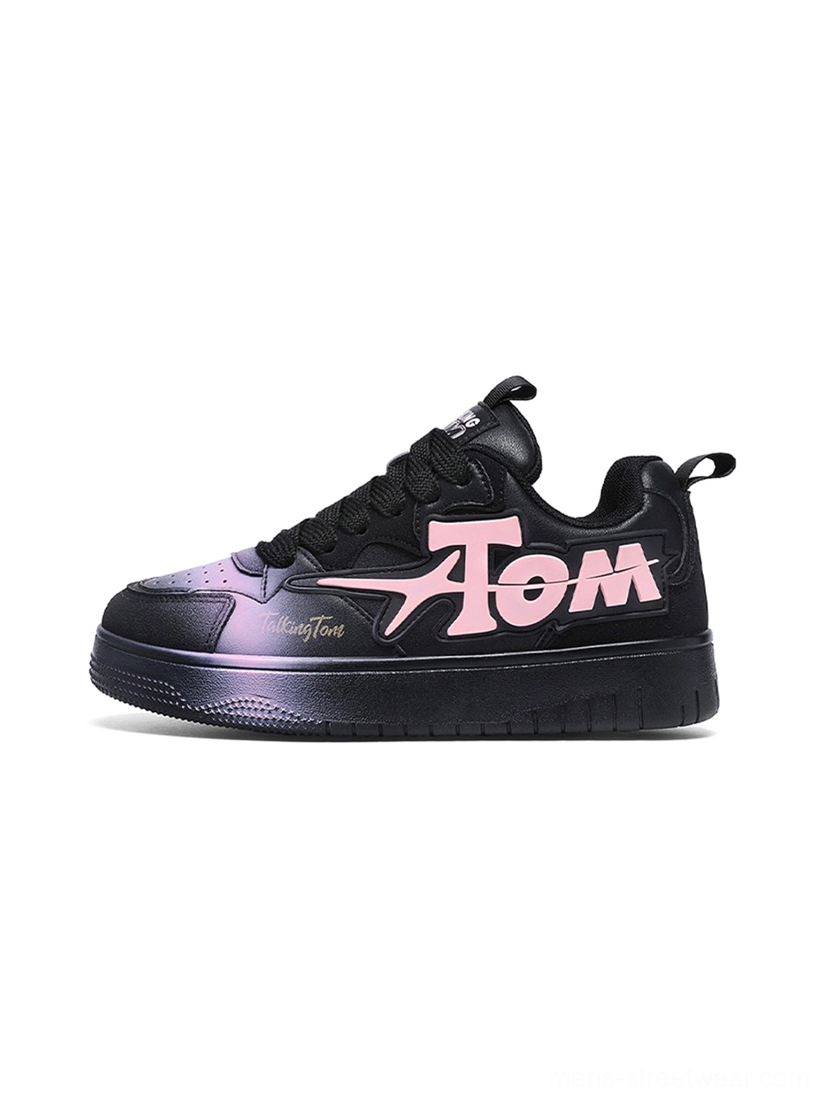 Black oversized letter colorblock court sneakers with pink graphic side lettering