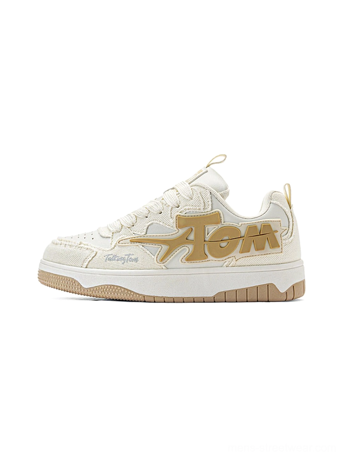 Streetwear colorblock court sneakers with bold oversized lettering and flat rubber outsole