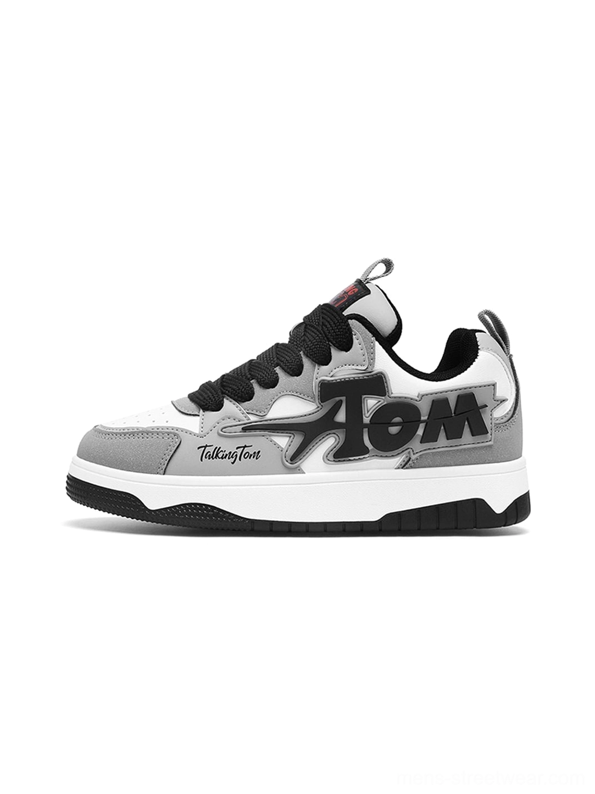 Grey black and white oversized letter colorblock court sneakers shown in side view