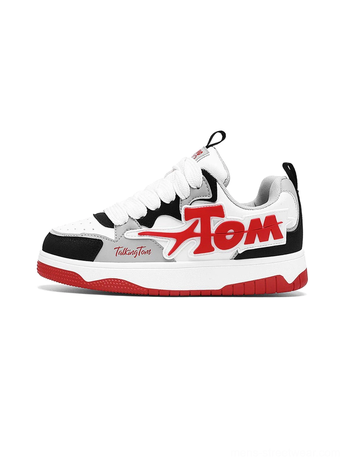 Red black and white oversized letter colorblock court sneakers shown in a side flat lay