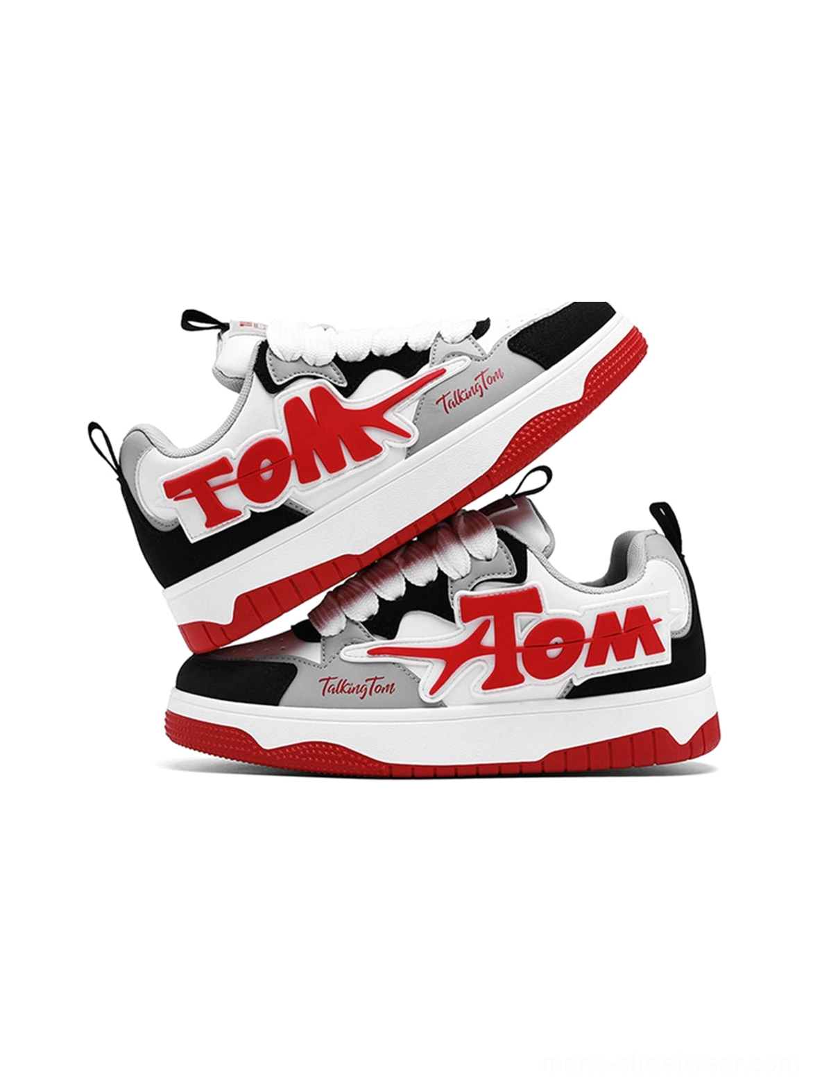 Stacked pair of bold colorblock court sneakers with oversized side lettering