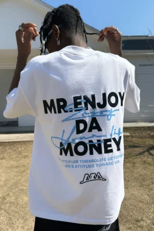 White oversized logo graphic cotton T-shirt back view with bold blue and black typographic streetwear print
