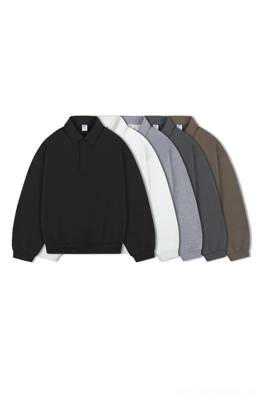 Five-color selection of oversized long sleeve polo sweaters in black off-white gray charcoal and brown
