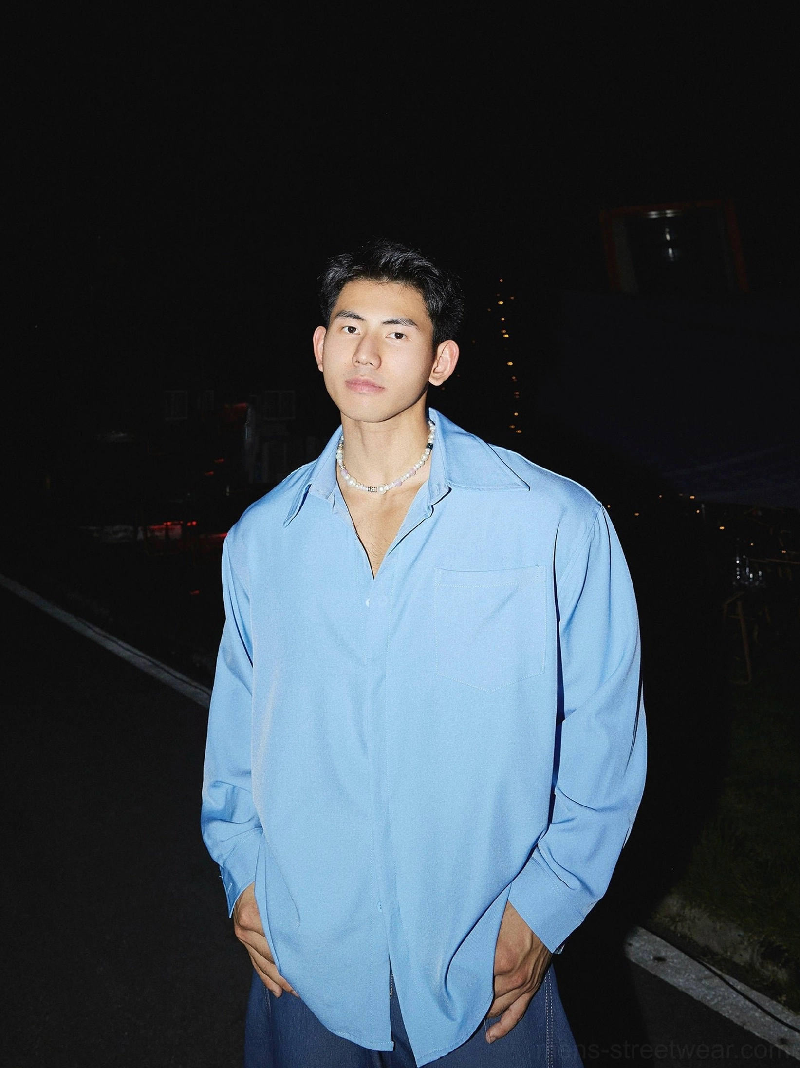 Sky blue oversized men's long sleeve streetwear dress shirt with chest pocket and relaxed fit