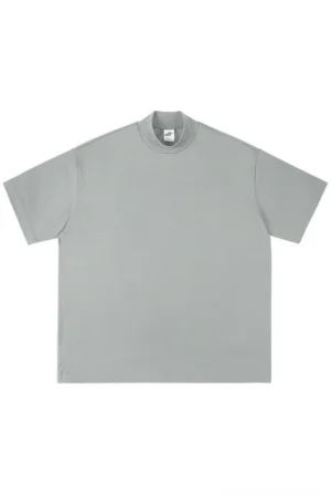 Dusty light gray oversized mock neck cotton streetwear tee front flat lay on white background
