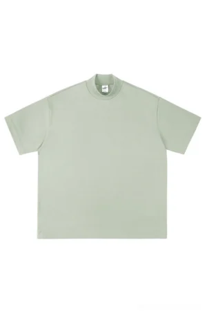 Sage light green oversized mock neck short sleeve cotton tee in Seoul streetwear style