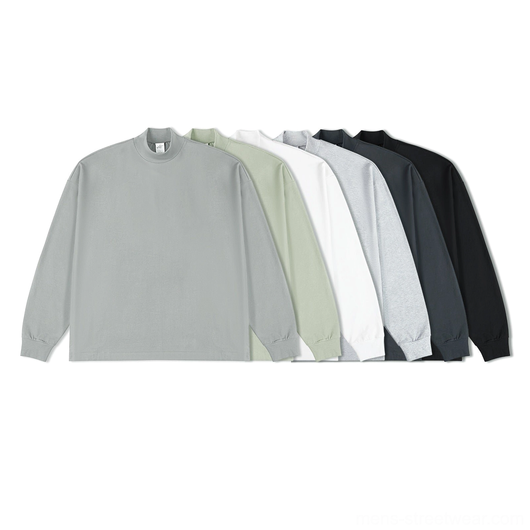 Full color collection of oversized mock neck long sleeve cotton tees in gray green and black