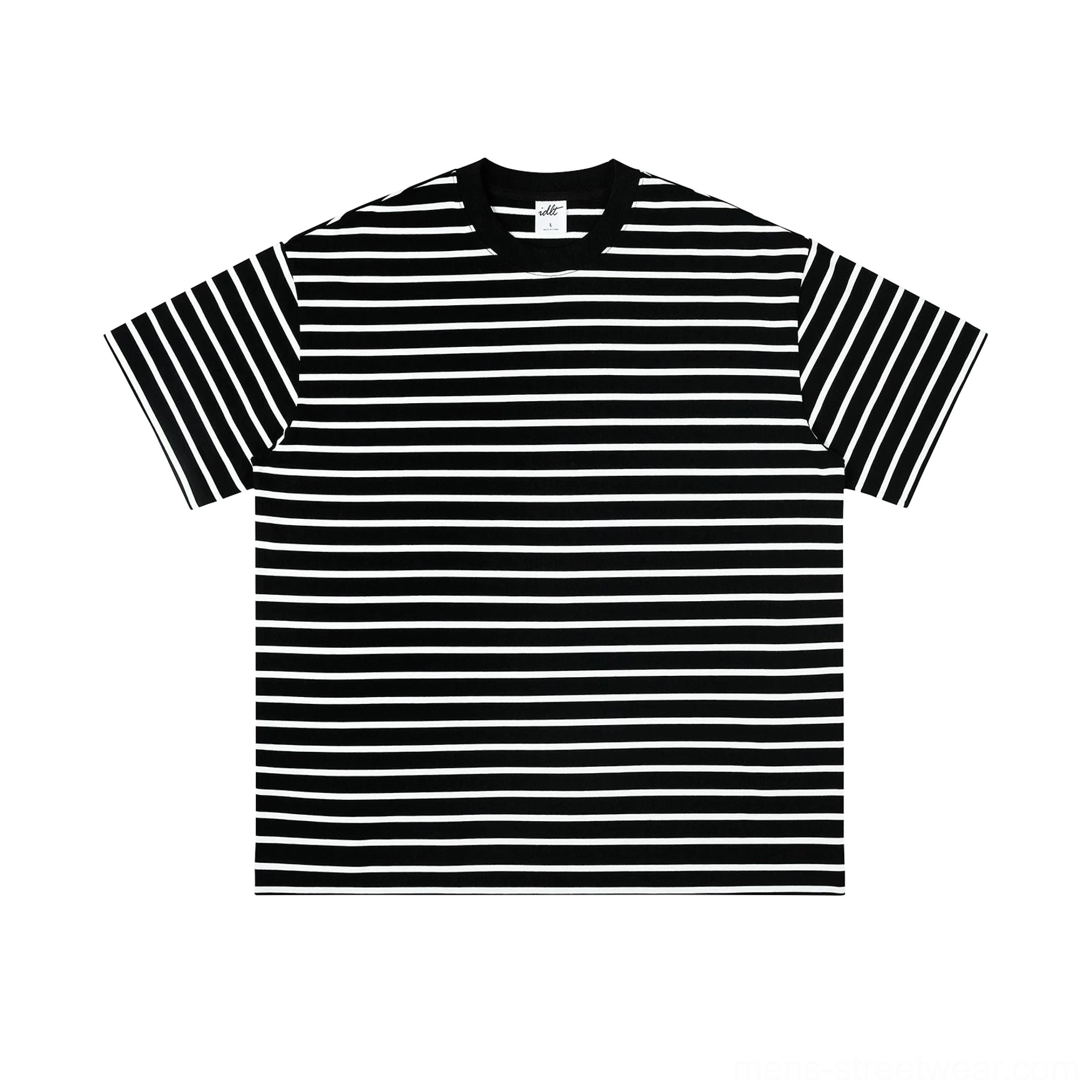 Black and white horizontal stripe oversized crew neck cotton streetwear T-shirt front view