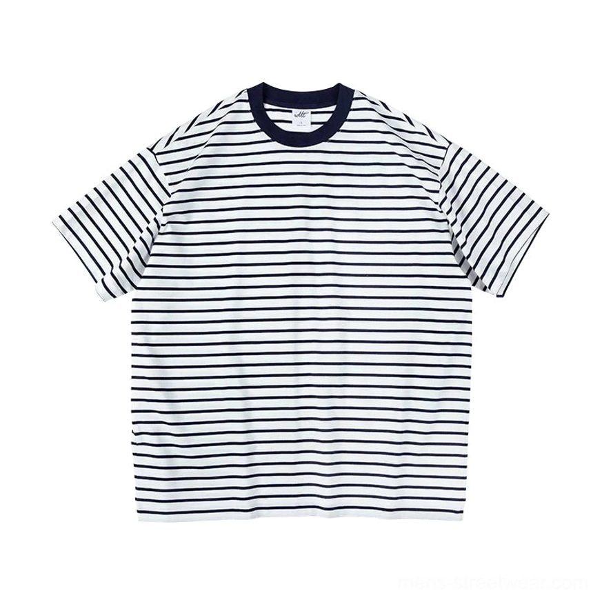 Dark blue striped oversized nautical cotton T-shirt with relaxed short sleeve streetwear silhouette