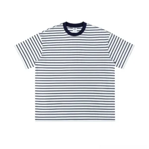 Dark blue and white horizontal striped oversized cotton streetwear T-shirt front flat lay on white background