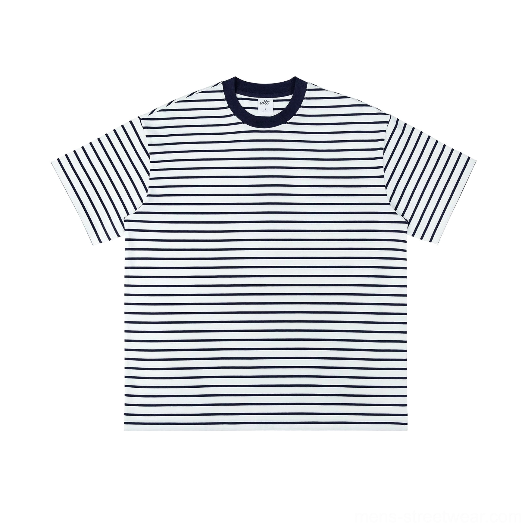 Dark blue and white horizontal striped oversized cotton streetwear T-shirt front flat lay on white background