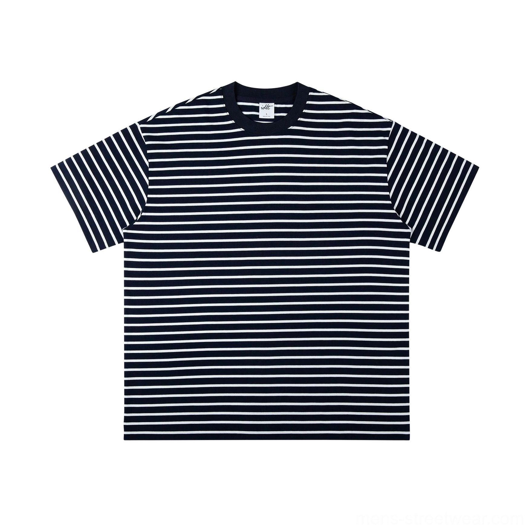 Dark navy and white horizontal striped oversized cotton crew neck T-shirt flat lay front view