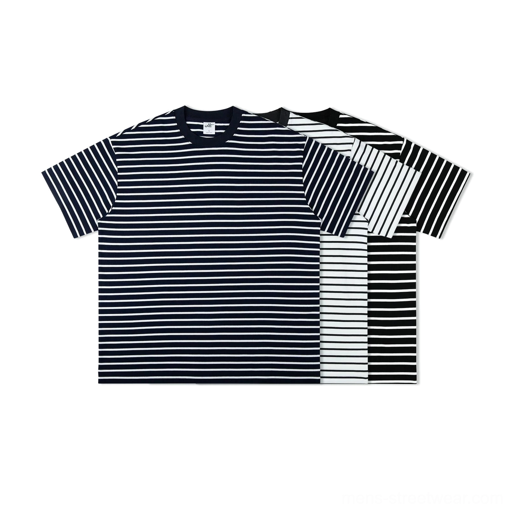 Oversized nautical stripe cotton streetwear T-shirts in navy white and black white horizontal stripe colorways flat lay