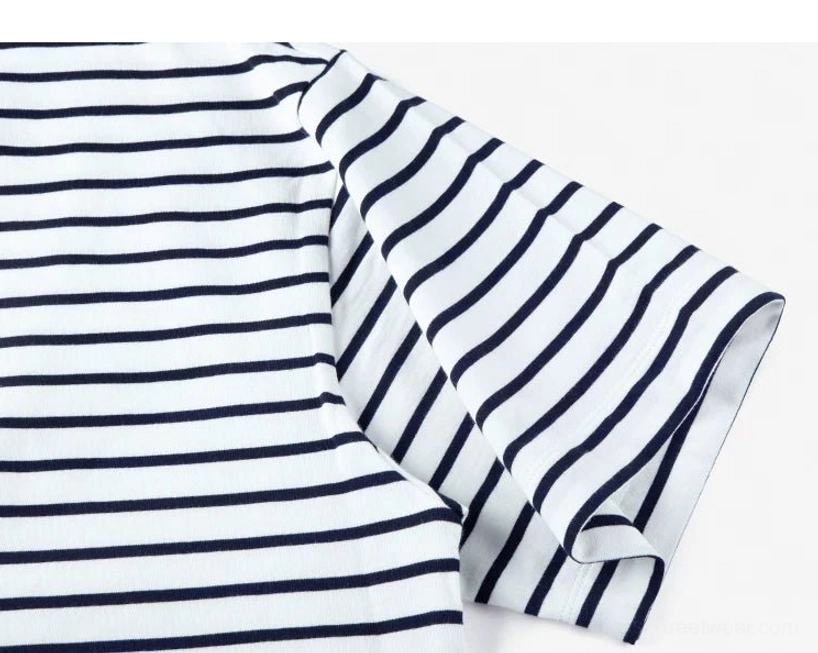 Close-up of dark blue and white horizontal stripe cotton fabric and finished short sleeve hem