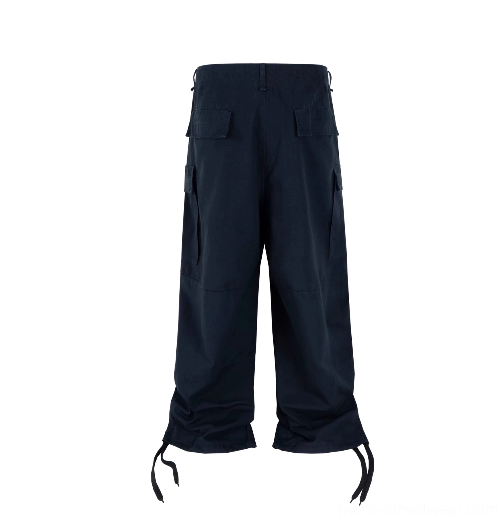 Back flat lay of oversized navy cargo pants showing two rear patch pockets, side cargo pockets, wide-leg construction, and adjustable ankle drawcords