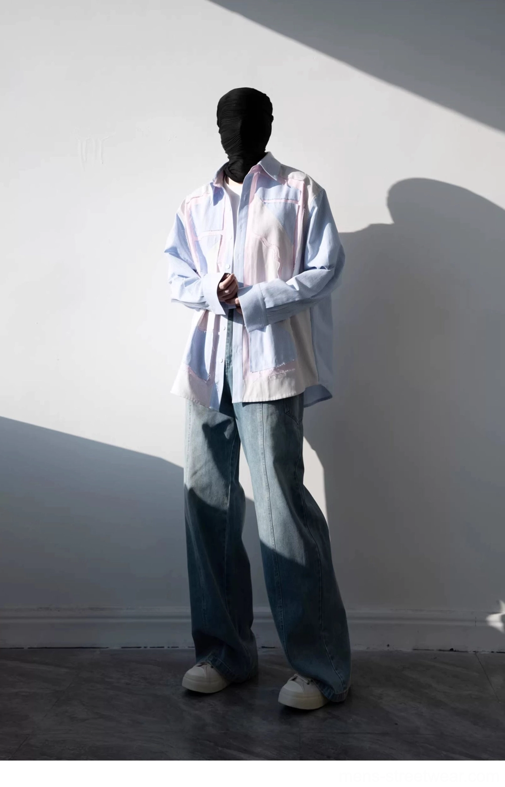 Oversized pastel patchwork pinstripe shirt front view paired with wide-leg jeans for Korean streetwear styling