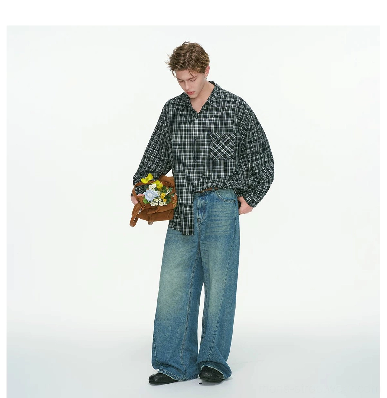 Oversized plaid button-up shirt in red or black with relaxed long sleeve streetwear fit