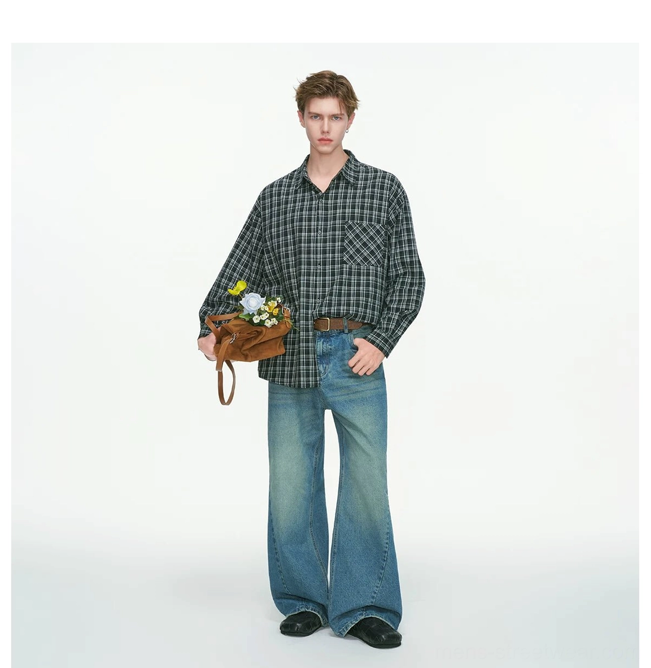 Oversized plaid long sleeve shirt with curved hem dropped shoulders and chest patch pocket