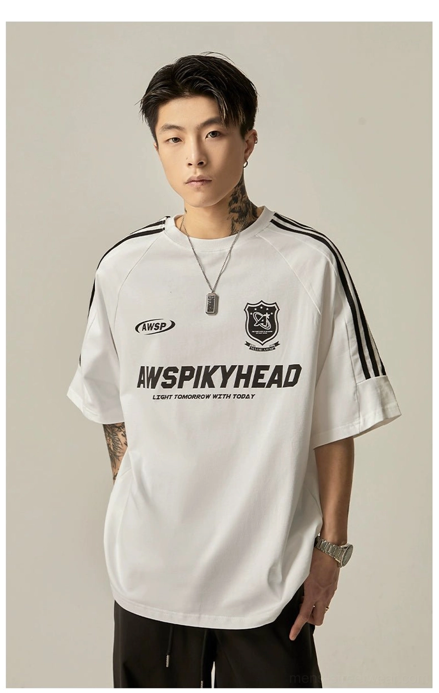 Oversized raglan athletic tee back view showing garment silhouette and oversized fit proportions for streetwear styling