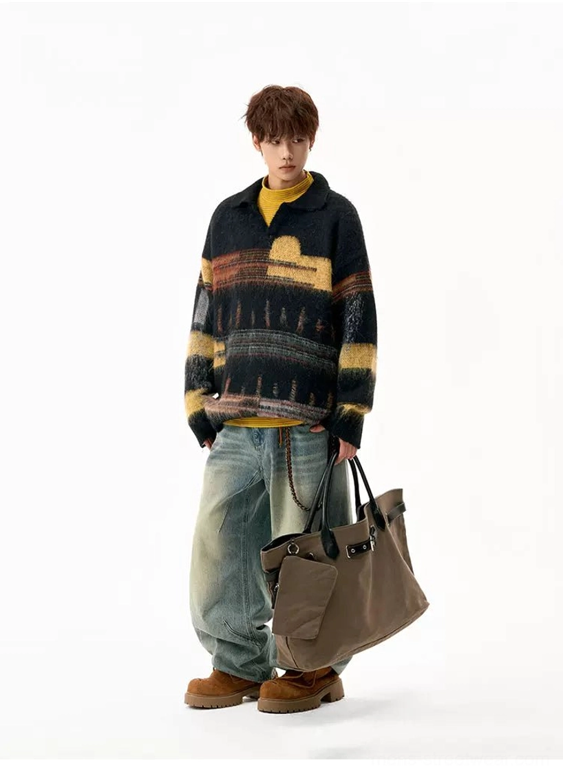Full-body side view of an oversized retro fuzzy knit sweater styled with yellow layering, baggy jeans, and a large tote bag