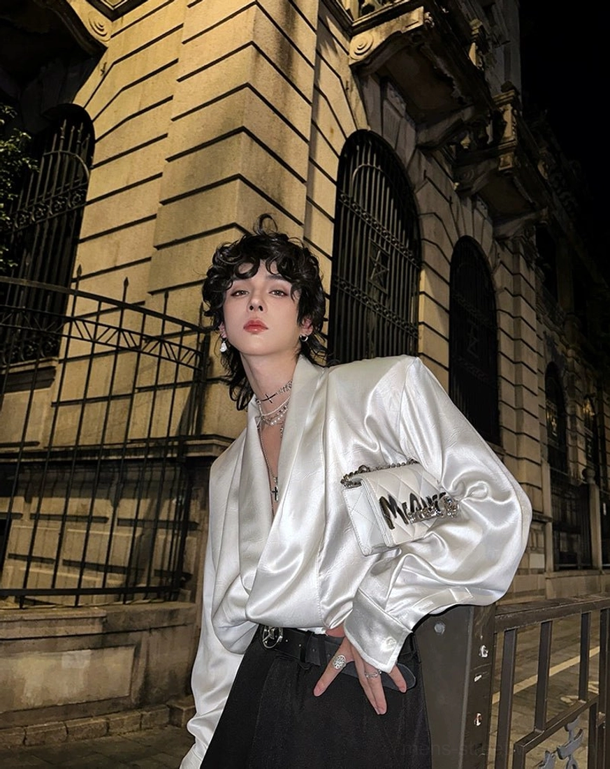 Oversized satin deep V-neck long sleeve shirt designed for avant-garde East Asian fashion looks