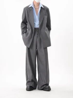 Gray oversized Seoul tailored blazer and high-waisted wide-leg suit trousers full front streetwear outfit