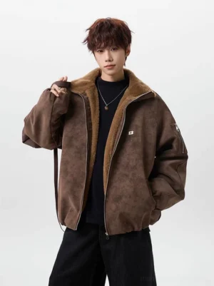 Brown sherpa-lined aviator bomber jacket with suede-effect shell, plush collar, and zippered sleeve pocket shown on a model