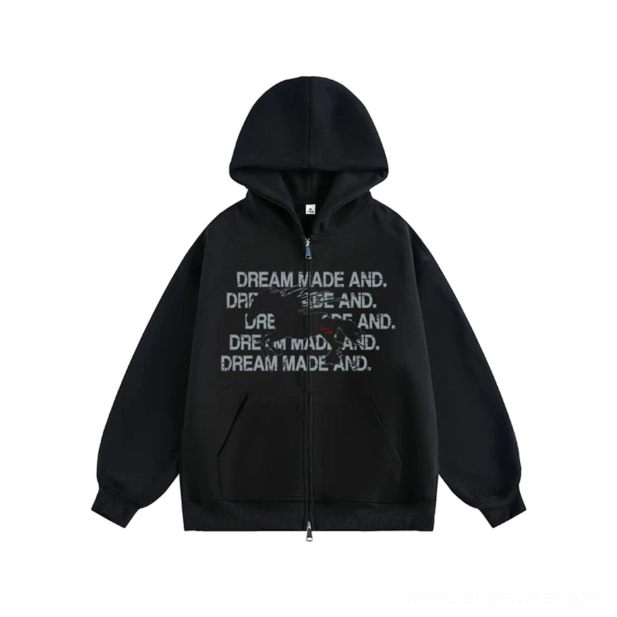 Black oversized statement graphic full-zip streetwear hoodie product color view