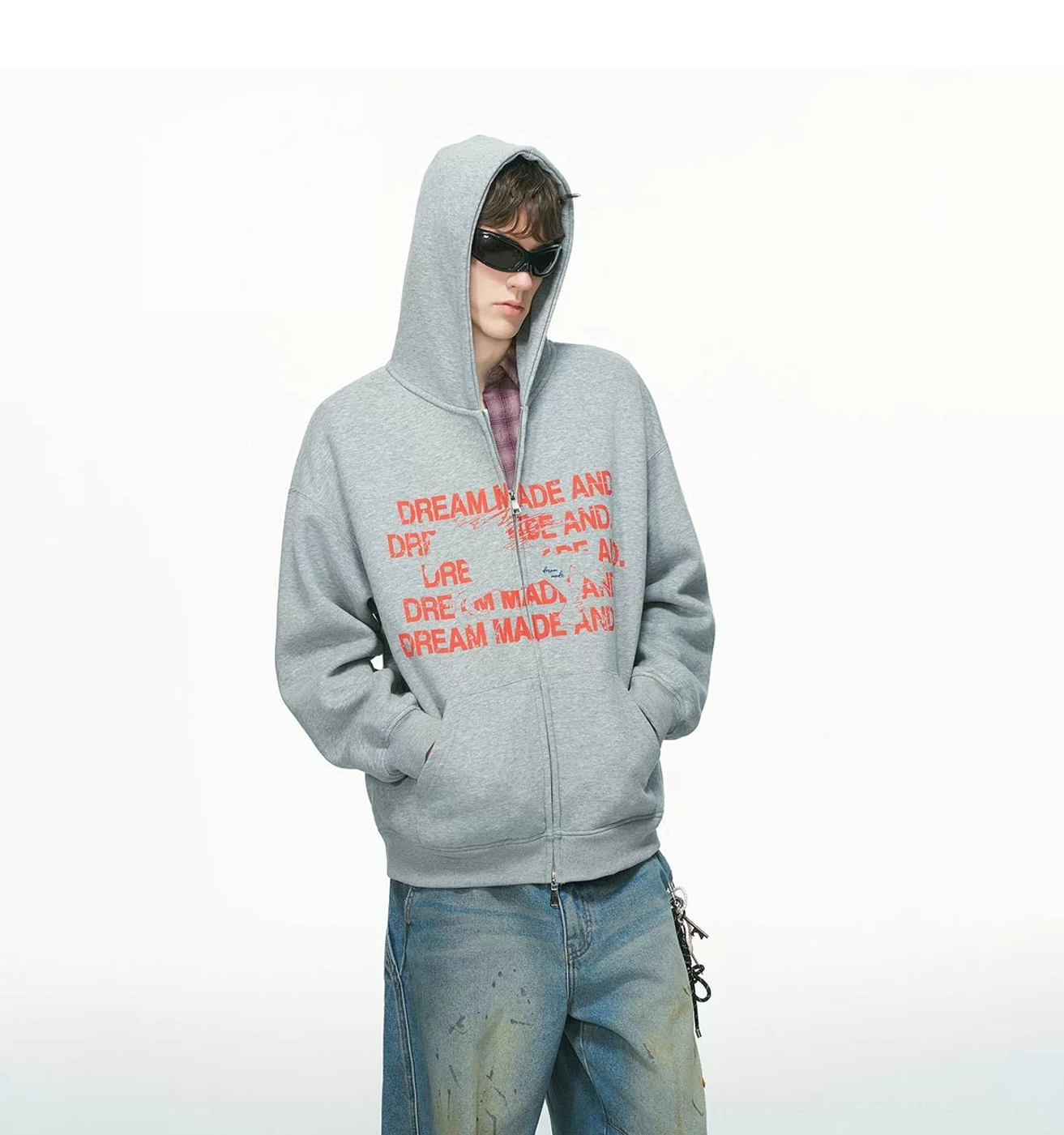 Heather grey oversized statement graphic full-zip streetwear hoodie front view with red chest lettering