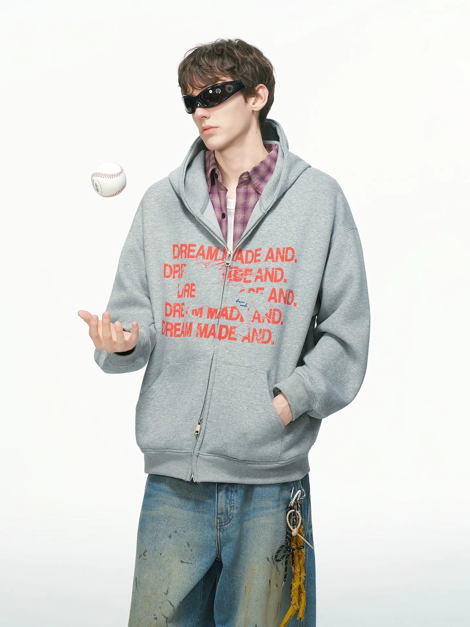 Heather grey oversized statement graphic full-zip streetwear hoodie front three-quarter view with red typography print