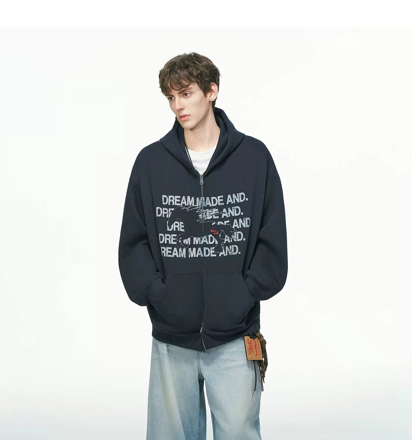 Navy blue oversized statement graphic full-zip hoodie front view with split kangaroo pockets