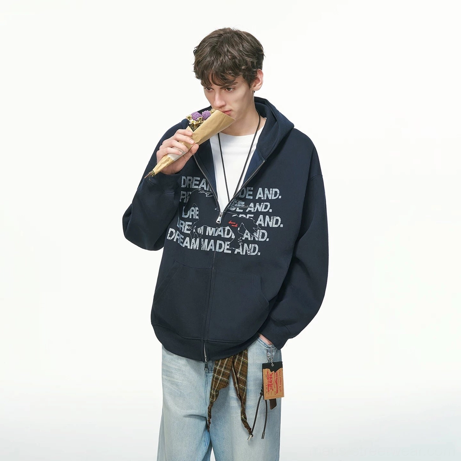 Navy blue oversized statement graphic full-zip streetwear hoodie product color view
