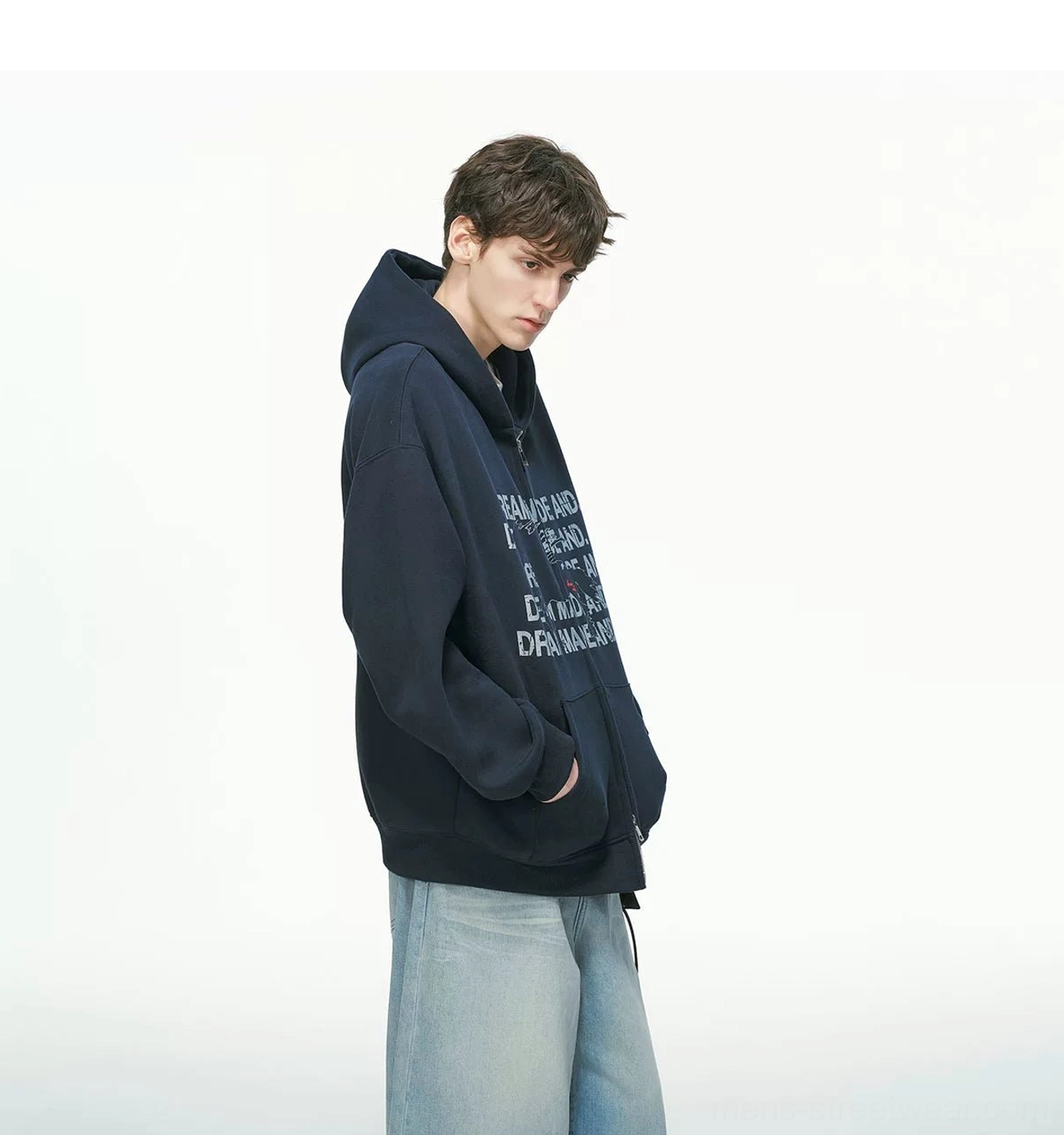 Navy blue oversized statement graphic full-zip hoodie rear and side view with relaxed streetwear silhouette