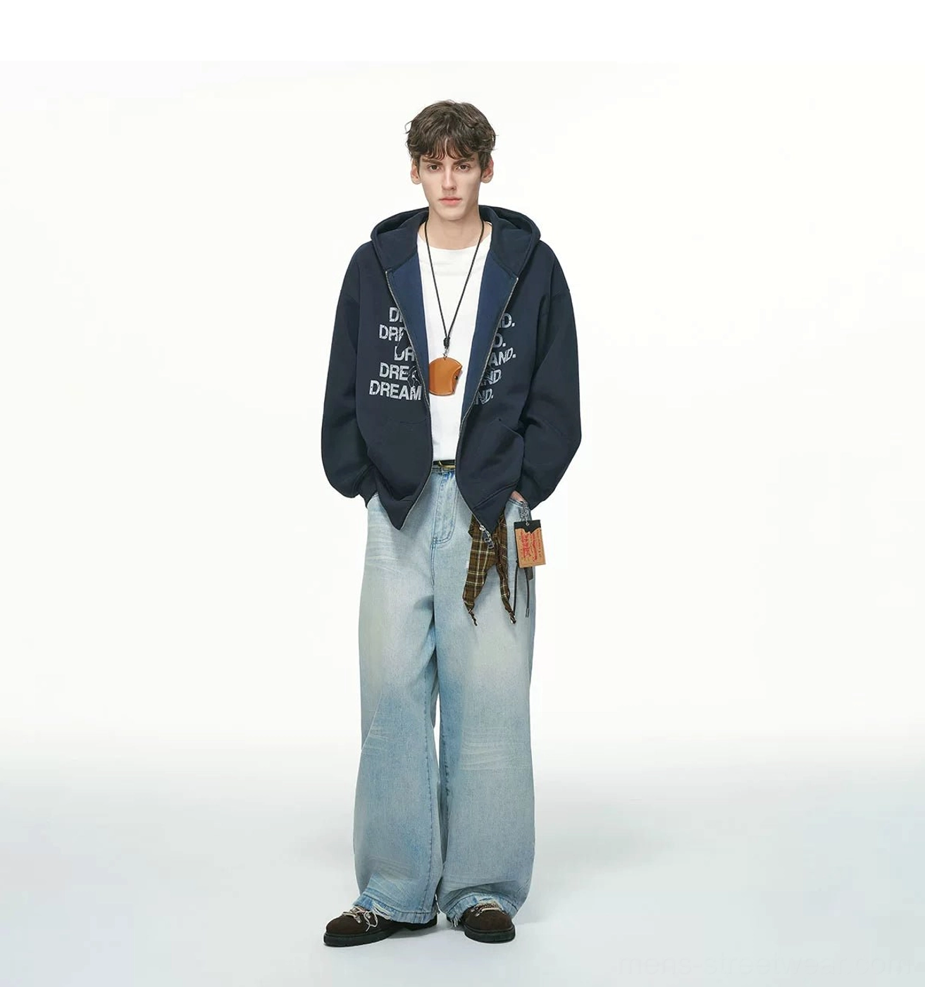Navy blue oversized graphic full-zip hoodie right side view showing side statement print and relaxed fit