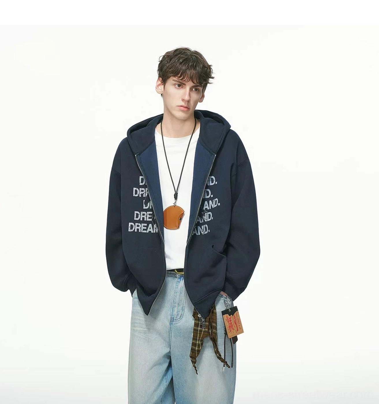 Navy blue relaxed fit graphic full-zip streetwear hoodie three-quarter view with layered white T-shirt