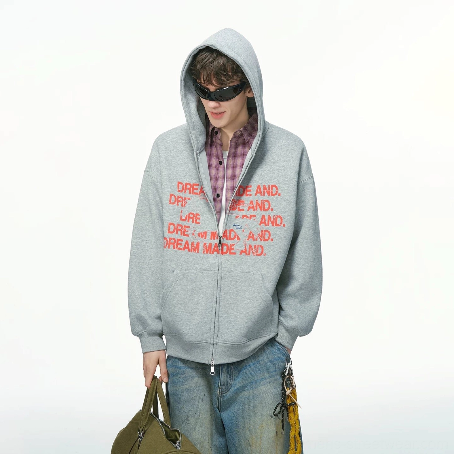 Oversized statement graphic full-zip streetwear hoodie relaxed fit and ribbed trim detail