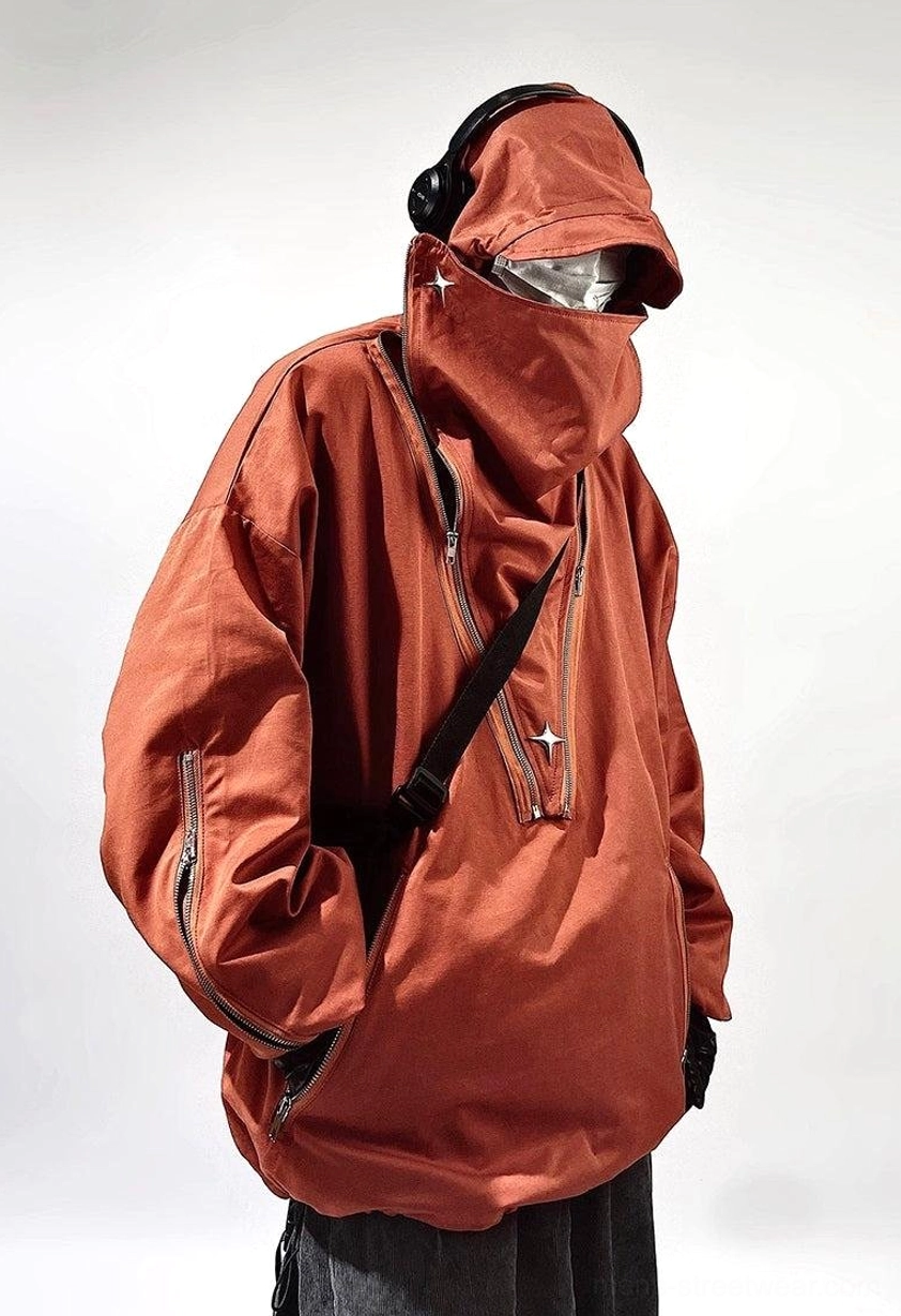 Oversized tactical hooded jacket in urban streetwear style with high neck and multiple utility zipper details