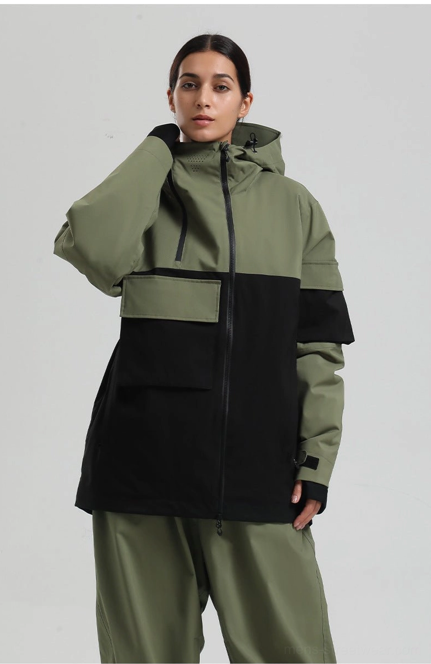 Oversized techwear winter jacket with colorblock shell, insulated lining, adjustable hood, snow-blocking cuffs, and utility storage