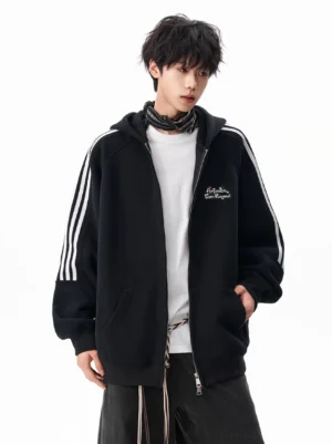 Black oversized triple stripe zip hoodie worn half zipped with white tee and checked scarf in Korean streetwear styling