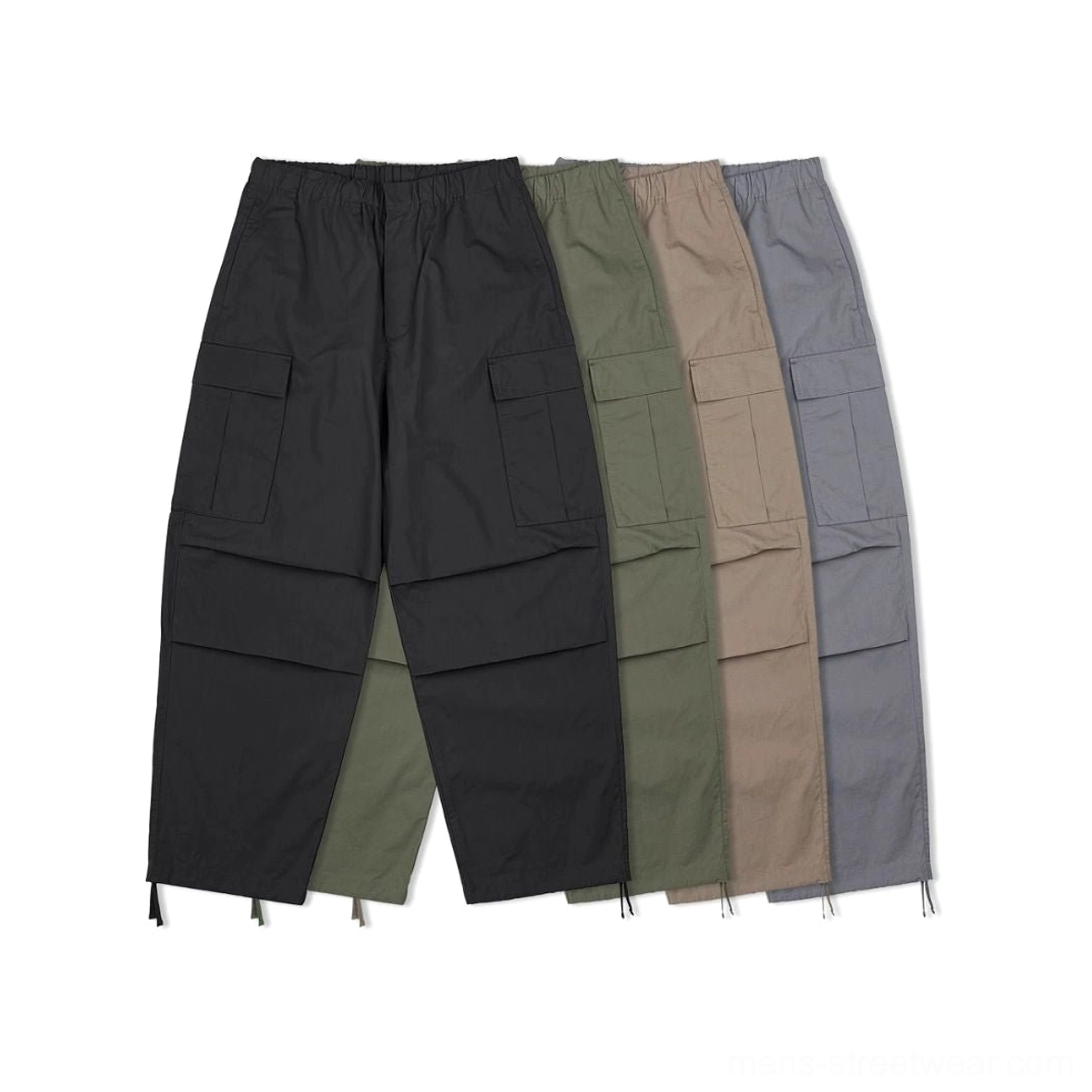 Assorted color oversized utility cargo pants in black olive green brown and gray displayed together